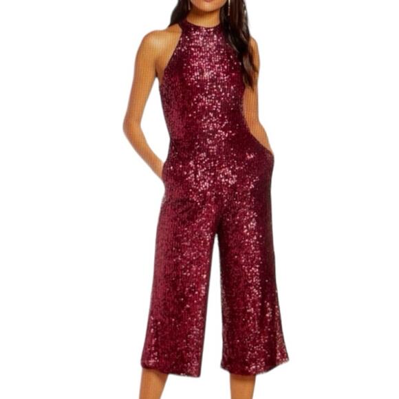 Forest Lily NEW Jumpsuit Sequin Wide Leg Crop Halter Neck Red Women’s Size 14 - Picture 15 of 15